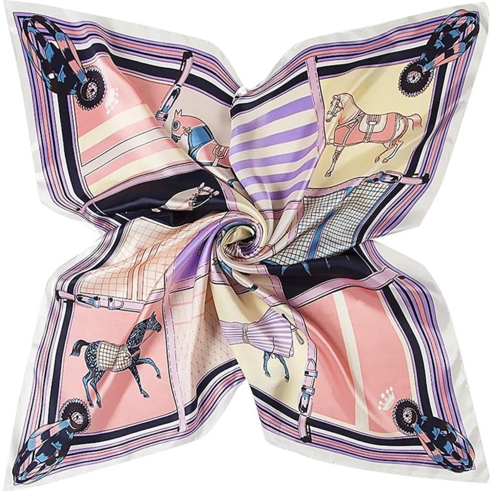 Horse racing scarf thoroughbreds saddles blankets pink purple polyester 90x90 cm